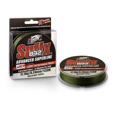 Linha de pesca Stiffix 832 Advanced Superline verde em embalagem preta clara com texto