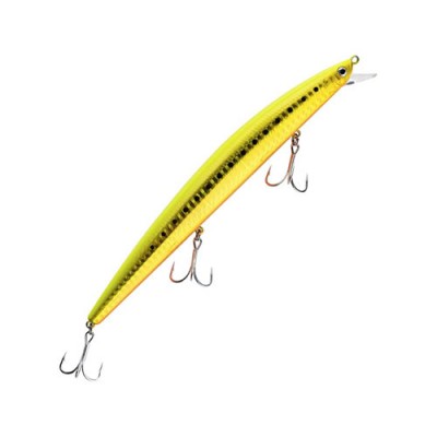 Isca de pesca amarela com anzóis triplos e detalhes pretos