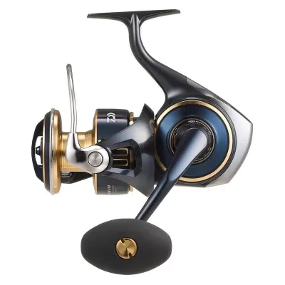 Carreto de pesca preto e dourado com manivela