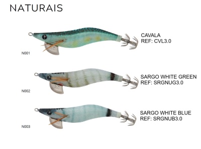 Três iscas artificiais de pesca naturais com nomes e referências