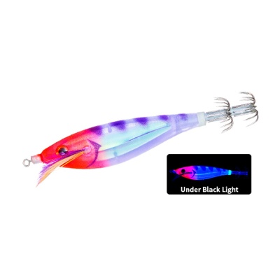 Isca de pesca colorida com anzóis duplos e imagem sob luz negra