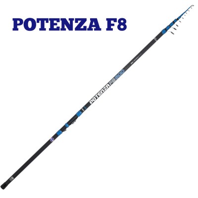 Varão de pesca telescópico POTENZA F8 preto e azul com texto e anilhas