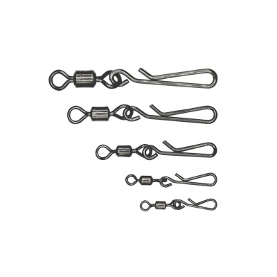 Cinco ganchos metálicos para pesca organizados por tamanho sobre fundo branco