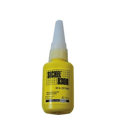 Frasco amarelo com tampa branca e rótulo com texto SICHEL 8300