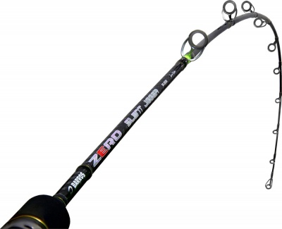 Vara de pesca preta com texto e anéis metálicos