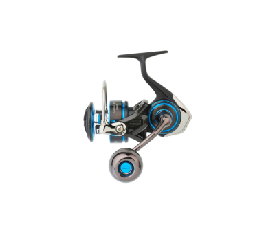 Carretel de pesca preto e azul com manivela prateada