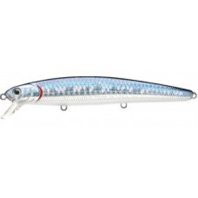 Isca de pesca jerkbait brilhante prateada e azul com detalhes vermelhos