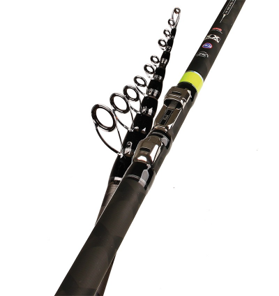 Cana de pesca telescópica preta com argolas metálicas e punho texturizado