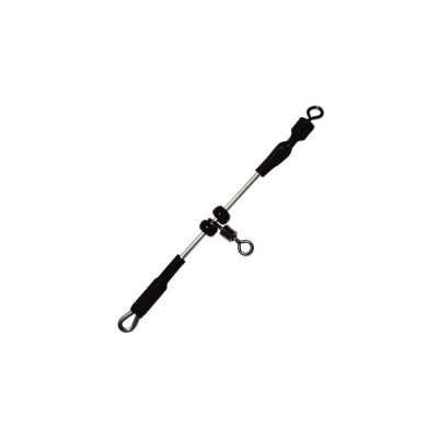 Barra de exercício preta e metálica com pegas em espuma