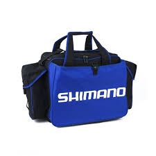 Mala azul e preta com a marca SHIMANO impressa