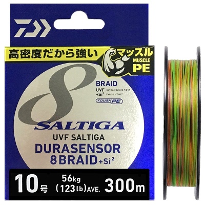 Linha de pesca Saltiga Durasensor 8 Braid+Si² multicolorida de 300m em carretel preto, embalagem azul e prateada
