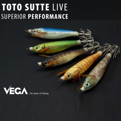 Cinco iscos de pesca TOTO SUTTE LIVE da VEGA com cores e padrões diversos sobre fundo preto