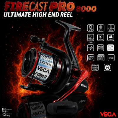 Carrete de pesca preto e vermelho VEGA FIRECAST PRO 8000 com texto POWER DRAG SYSTEM
