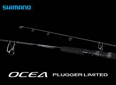 Vara de pesca Shimano Ocea Plugger Limited preta com punho antiderrapante e logotipos