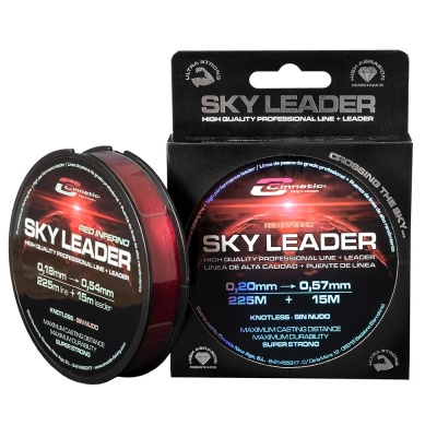 Embalagem e bobina de linha de pesca SKY LEADER com texto sobre especificações técnicas e comprimento da linha
