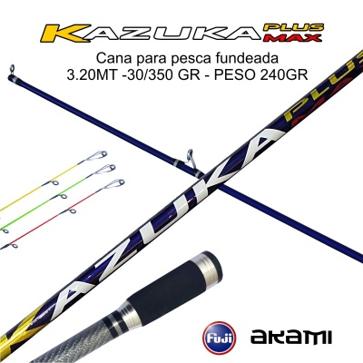 Cana de pesca Kazuka Plus Max azul com detalhes coloridos, punho preto, texto descritivo e logos Fuji e Akami