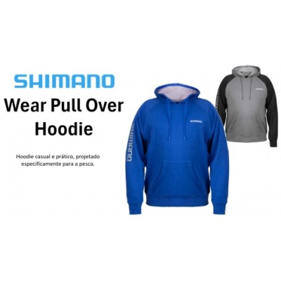 Duas sweatshirts com capuz da marca Shimano, uma azul e outra cinza com preto.