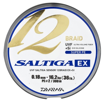 Carretel de linha de pesca SALTIGA EX 12 Braid branco com etiqueta azul e dourada