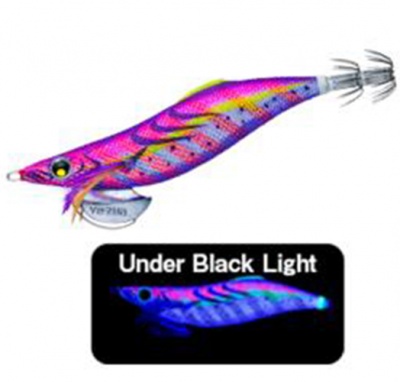 Isca para pesca em forma de lula colorida com padrões listrados e pontilhados