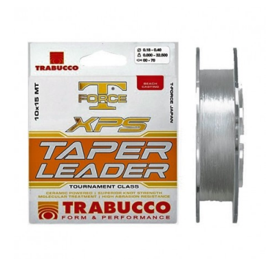 Linha de pesca Trabucco T-Force XPS Taper Leader em embalagem branca e laranja com carretel de linha transparente