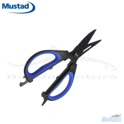 Tesoura multifuncional Mustad com punhos preto e azul em fundo branco
