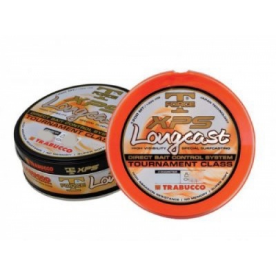 Dois carretéis de linha de pesca Trabucco XPS Longcast Tournament Class com etiquetas laranja e preto