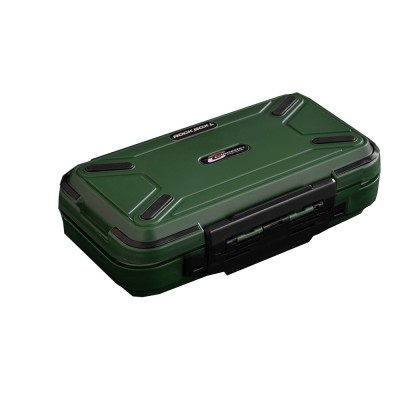 Estojo rígido verde com detalhes pretos e etiquetas com texto