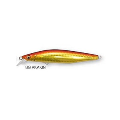 Isca de pesca minnow dourada e laranja com texto GG AKAKIN