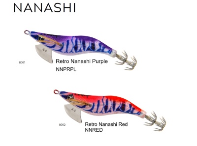Dois iscos para pesca Nanashi em cores roxo e vermelho com padrões listrados e ganchos na extremidade.