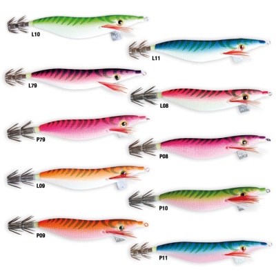 Dez iscas artificiais coloridas para pesca com etiquetas e anzóis duplos