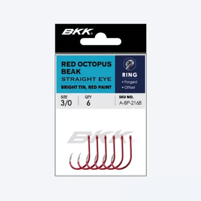 Pacote com seis anzóis vermelhos BKK Red Octopus Beak tamanho 3/0