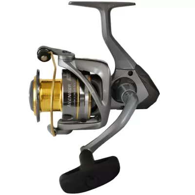 Carretel de pesca metálico cinzento e dourado com manivela preta