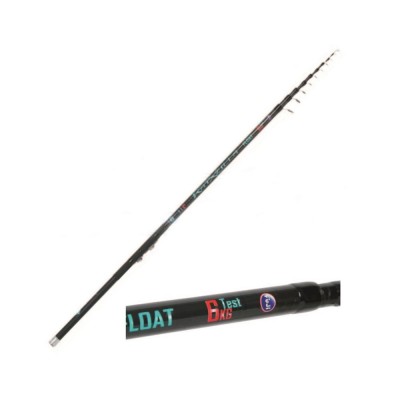 Varão de pesca telescópico preto com texto azul e vermelho e anilhas de metal.