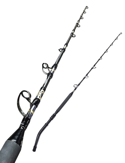 Duas canas de pesca pretas com detalhes metálicos sobre fundo branco