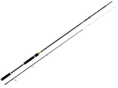 Vara de pesca preta com detalhes amarelos e brancos