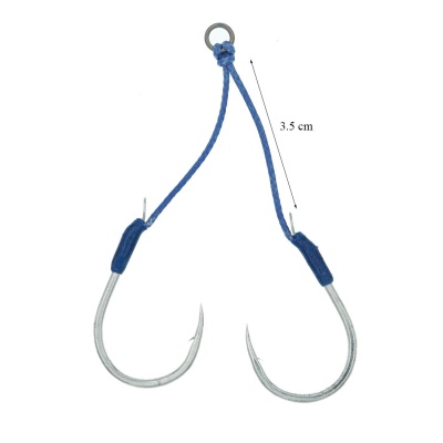 Gancho de pesca duplo azul com anzóis metálicos prateados