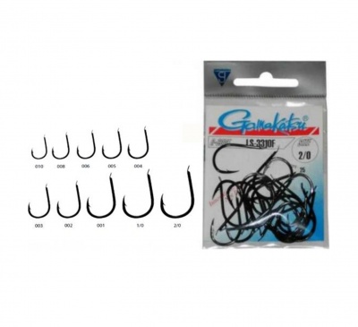 Conjunto de anzóis pretos Gamakatsu LS-2310F em vários tamanhos com embalagem visível