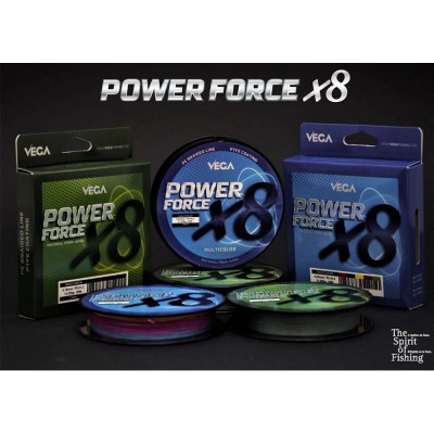 Três rolos de linha de pesca VEGA POWER FORCE X8 em embalagens coloridas sobre fundo escuro