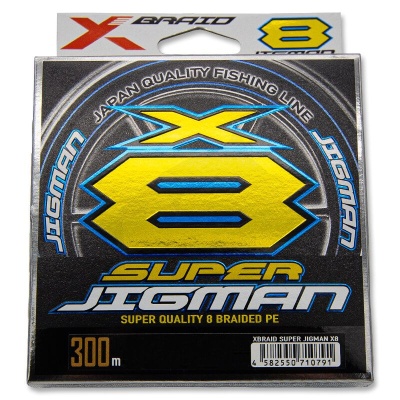 Embalagem preta de linha de pesca X BRAID 8 com texto em amarelo e azul