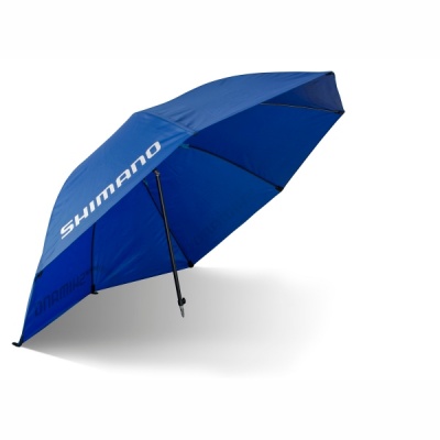 Guarda-chuva azul com a palavra SHIMANO na face superior