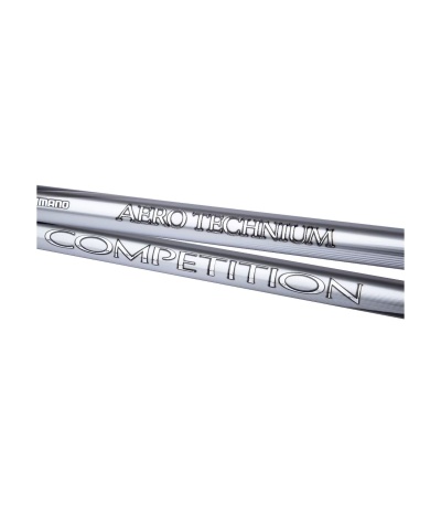 Duas varas metálicas prateadas com texto gravado SHIMANO AERO TECHNIUM COMPETITION