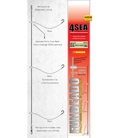 Embalagem de conjunto de anzóis profissionais de pesca 4SEA marca BARROS com linhas de fluorocarbono e diagramas técnicos.