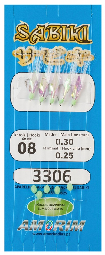 Conjunto de anzóis Sabiki com 6 ganchos, linhas e pérolas luminosas verdes em embalagem azul da marca Amorim.