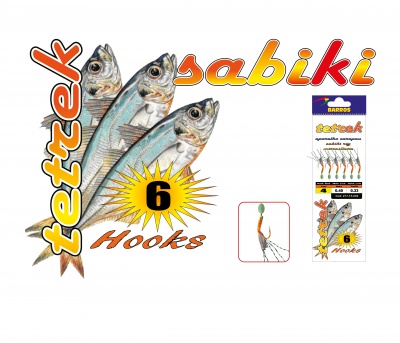 Embalagem de anzóis para pesca com ilustração de peixes e texto teetek sabiki 6 Hooks