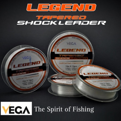 Bobinas de linha de pesca VEGA Legend Tapered Shock Leader com rótulos brancos e laranja