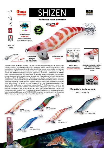 Imagem de palhaços de pesca Akami Shizen em diversas cores com texto técnico em português