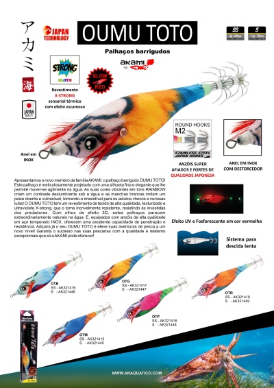 Imagem de 6 iscas OUMU TOTO para pesca, coloridas, com anzóis inox e características técnicas visíveis