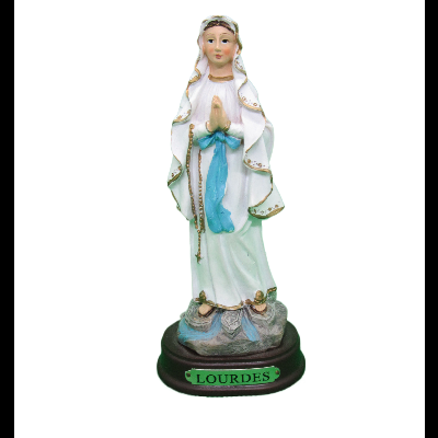 Estátua de Nossa Senhora de Lourdes com túnica branca e faixa azul
