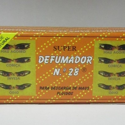 Caixa de defumador SUPER DEFUMADOR N.º 28 para descarga de maus fluidos com imagens de olhos e texto em português