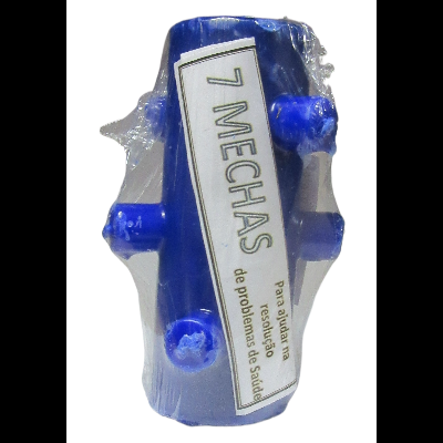 frascos azuis embalados em plástico transparente com rótulo 7 MECHAS para saúde